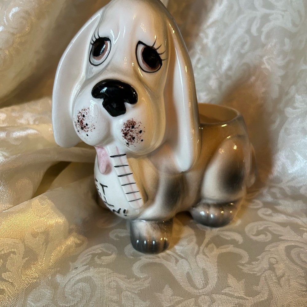 Vintage Ceramic Puppy Planter with Expressive Eyes and thermometer Get Well Soon
